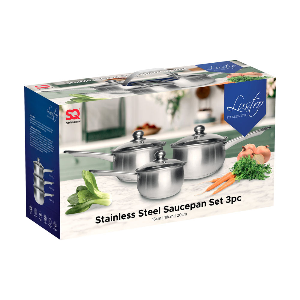SQ Professional Stainless Steel Saucepan 3pc Set Lustro 18cm-22cm Silver