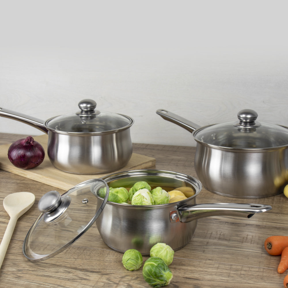SQ Professional Stainless Steel Saucepan 3pc Set Lustro 18cm-22cm Silver